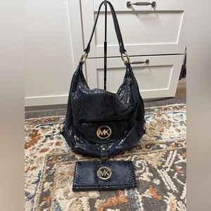 Michael Kors Navy Snake-Embossed Shoulder Bag with Matching Wallet